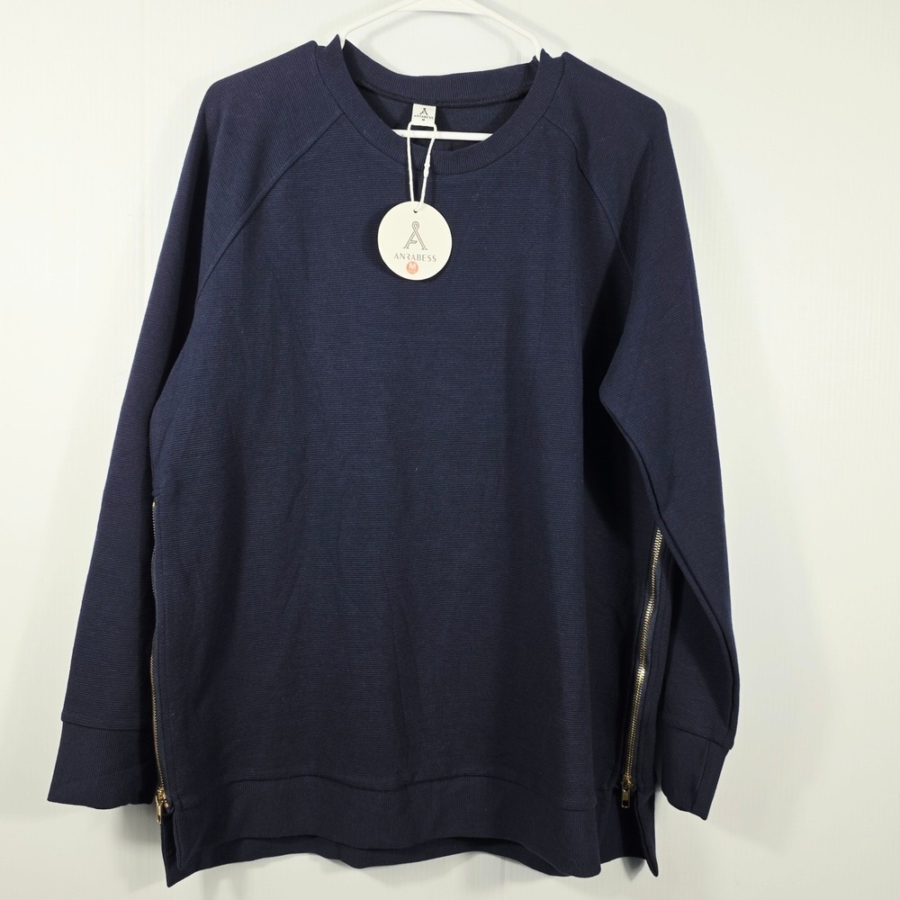 Anrabess Navy Blue Ribbed Crewneck Sweatshirt Gold Side Zippers Women Medium NEW